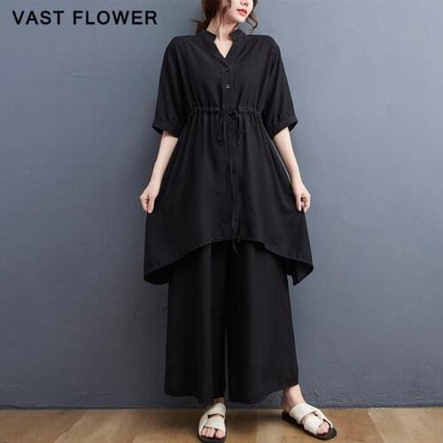Plus Size Black Vintage 2 Two Piece Set Women Short Sleeve Casual Loose Summer Dress Suit Elegant Clothes 2021 Wide Leg Pants