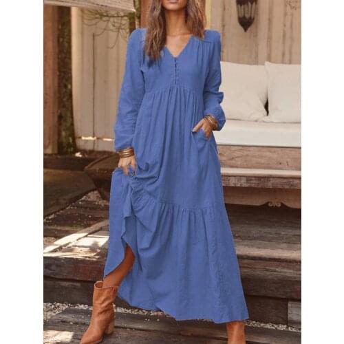 Vintage cotton linen maxi dress Women long sleeve v neck hem ruffle loose smock dress Plus size dresses for women 4xl 5xl 6xl