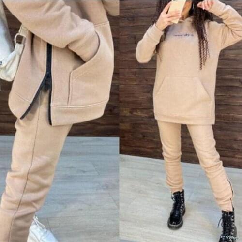 Winter Two Pieces Tracksuit Womens Warm Oversized Sweatshirt Hoodies Sports Jogging Suits Female Sets