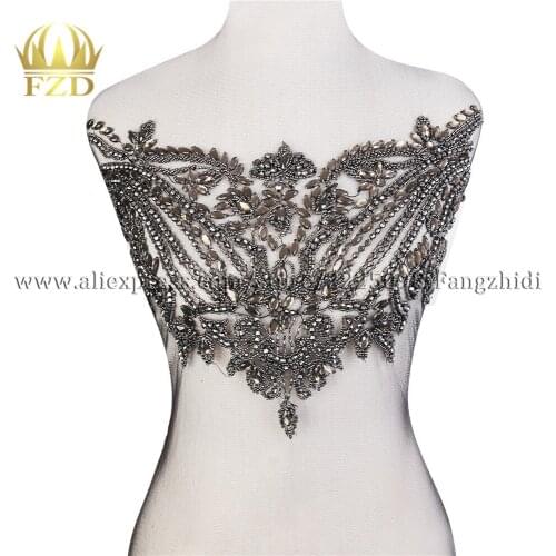 5 Pieces Elegant Black Crystal Stone Large Patches and Rhinestone Crystal with Gauze for Wedding Dresses, DIY Decorative Clothes