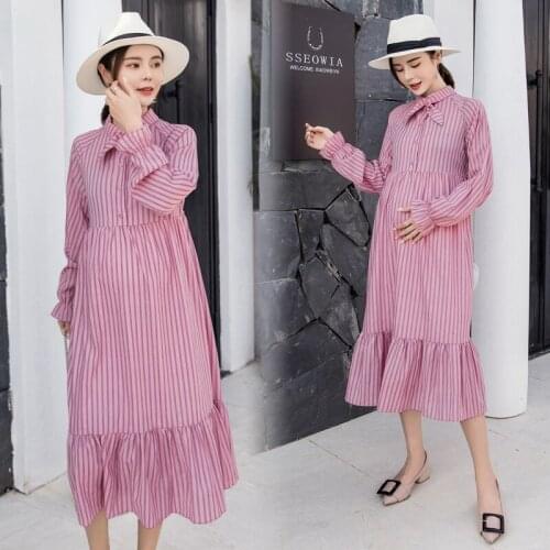 627# Maternity Clothes Striped Bow Collar Nursing Dress Spring Autumn Breastfeeding Dress