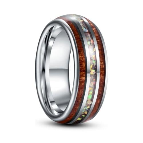 8mm Inlaid Wood Grain Steel Dome Men Tungsten Carbon Ring Opal Couple Engagement Mariage Rings Jewelry