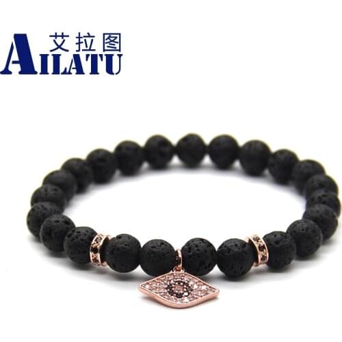 Ailatu 10 pieces Wholesale Jewelry 8mm Black Lava Stone with Micro Pave Black CZ Stoppers Beads, Fashion Eye Pendant Bracelet
