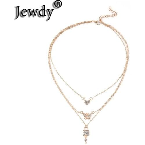 Ocean Boho Butterfly Effect Chain Necklace White Rhinestone CZ Gold Steel Heart Lock Couple Pendant Necklace for Women Jewelry