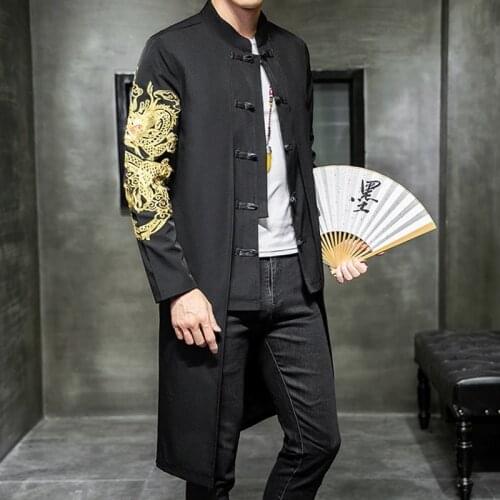 Chinese Style Long Windbreaker Jacket Men Streetwear Oriental Clothes Men Hip Hop Chinese Mandarin Jacket Coat 2019 KK3150