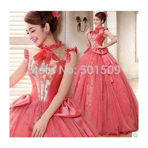 Bowknot ruffles collar beading floral printing long medieval dress Renaissance Gown princess costume Victorian/Marie Antoinette