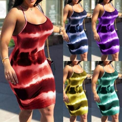 70% Hot Sell Sexy Women Tie Dye O Neck Sleeveless Spaghetti Strap Bodycon Knee-length Dress