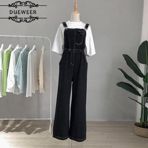 Dueweer Women Denim Jumpsuits Wide-leg Trousers Lace-up Long Solid All-match Ulzzang Elegant Outwear Trendy