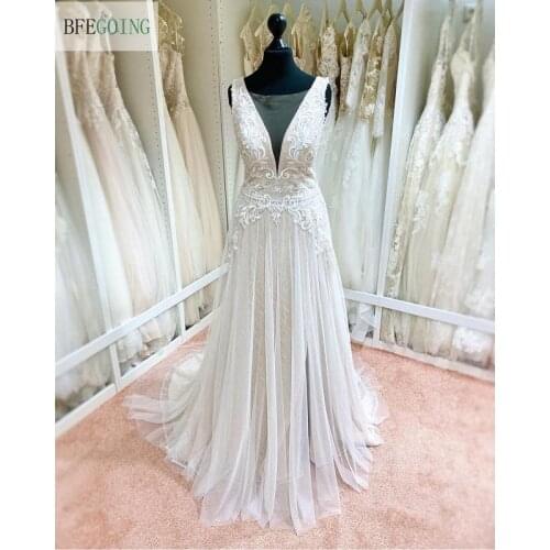 Champagne Lining Ivory Lace Sleeveless Floor-Length A-Line Wedding Dresses Chapel Train V-Neck Bridal Gowns Custom Made