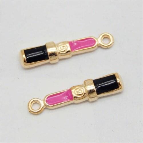 Julie Wang 10PCS Small Lipstick Charms Enamel Balck Pink Alloy Gold Tone Necklace Bracelet Drop Oil Jewelry Making Accessory