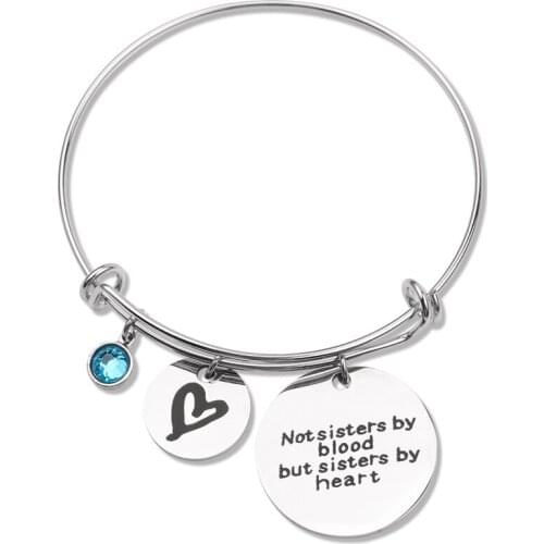 Not sisters by blood but sisters by heart Birthstone Bracelet Personalised Stainless Steel Crystal Bangle For Best Friendship
