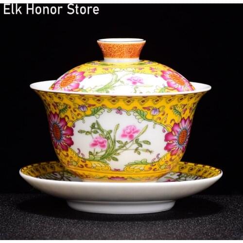 Retro Colored Enamel White Porcelain Sancai Gaiwan Cover Bowl Tea Cup Ceramic Tea Set Household Heat-resistant Kung Fu Teaset