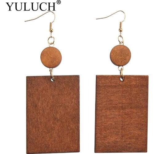 YULUCH Retro Natural Wood Rectangle Drop Earrings Women Wooden Jewelry Earring Green /Brown Girls/kids/Children Gift