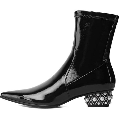 SKLFGXZY The new Womens boots Genuine leather Stretch ankle boots Pearl with pointed Womens shoes