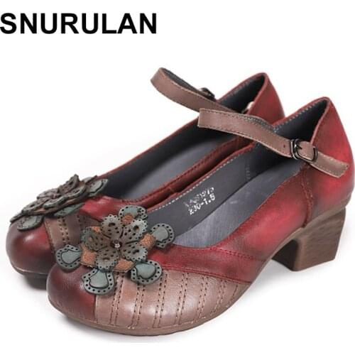 SNURULAN Pumps Women Shoes Retro High Heels Genuine Leather 2020 New Round Toe Mixed Colors Stitching Casual Retro Ladies Shoes