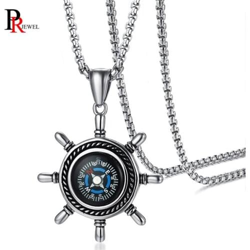 Stylish Mens Rudder Compass Pendants Necklaces Stainless Steel Functional Male Sailor Navy Accessories Gift Free Box Chain 24"