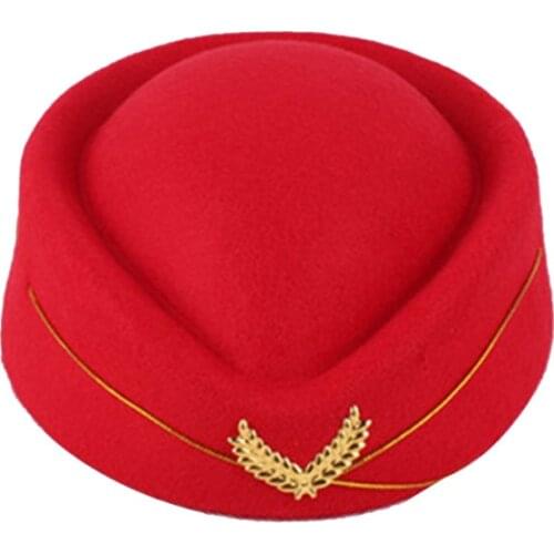 Air Stewardess Hat Woolen Flight Attendant Hat Stewardess Cap for Costume Cosplay Musical Performance - Size M(Red)
