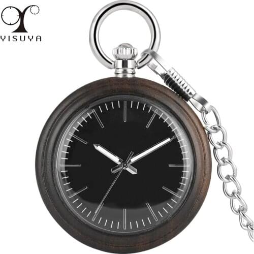 Luminous Hands Simple Dial Quartz Ebony Wood Pocket Watch Open Face Wooden Pendant Clock Silver Fob Vintage Natural Timepiece