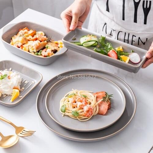 Phnom Penh Western Plate Handle Plate Baking Pan Disc Steak Plate Shallow Plate Sushi Plate Creative Household Tableware Gray