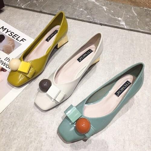 Shoes Women Candy Color Shallow Mouth Chunky Heel Shoes Women Semi-High Heeled Leather Shoes Shoes Woman High Heel
