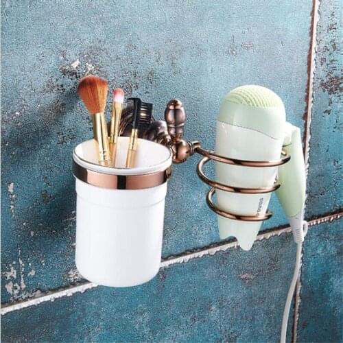 High Quality Copper Rose Gold Brown Bronze Hair Dryer Rack With Cup European Antique Multi-function Racks