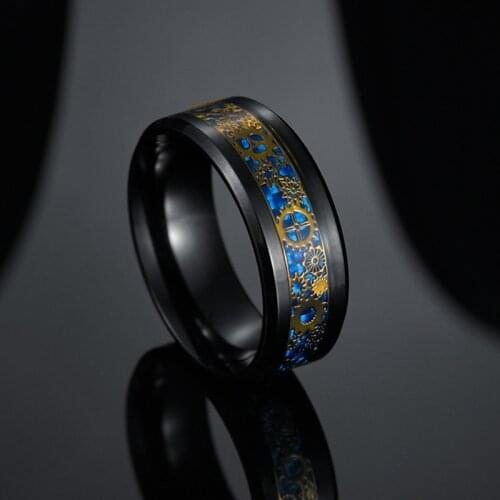 YWSHK Fashion 8mm Mens Ring Titanium Steel Gears Inlaid Wedding Ring Blue/Black Carbon Fiber Engagement Jewelry Gift Size 6-13