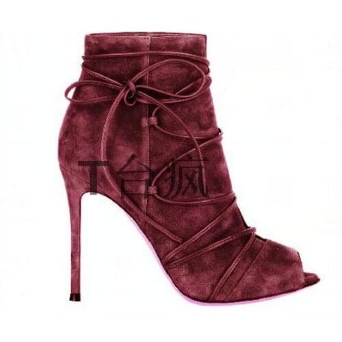 New designer women suede high heel ankle boots lace-up peep toe women short boots wedding party dress shoes woman plus size