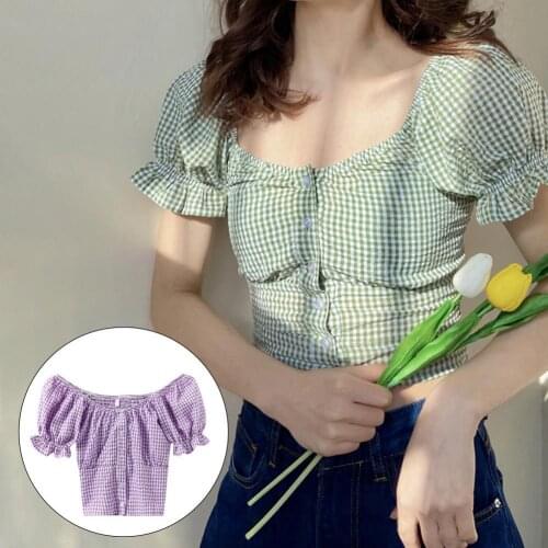 Short Sleeve Sweet Girls Crop Top Square Neck Ruffle Puff Sleeve Plaid Crop Top Daily Wear Casual harajuku 2021 Summer T-Shirt