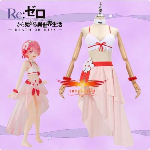 Anime Re:Life in a different world from zero Ram Cosplay Costume Adult Women Outfits Bikini Swimsuit Pink Beach Dress Halloween
