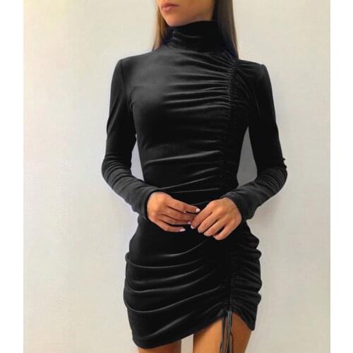 Women Casual Long Sleeve Skinny Dress Fashion Solid Color Drawstring Pleated Short Dress