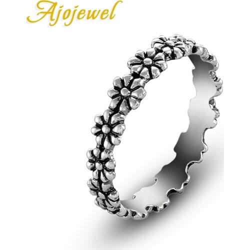 Ajojewel Size 6-9 Anillos De Plata Antique Silver Plated Cute Little Daisy Flower Ring Women Vintage Jewelry Bagues