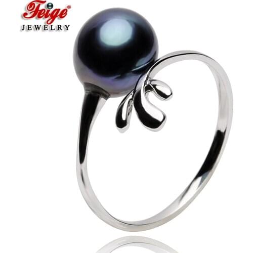 FEIGE Simple Style Pearl Ring For Women 8-9mm Black Freshwater Pearl 100% 925 Sterling Silver Ring Fine Pearl Jewelry