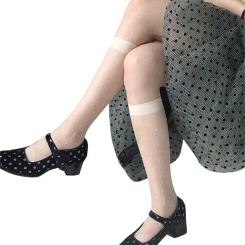 066C Women Sexy Transparent Calf Socks Vintage Polka Dot Print Mesh Lolita Hosiery