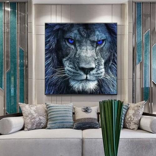 Abstract Blue Eyes Lion Canvas Painting Modern Wildlife Animal Posters and Prints Wall Art Pictures for Living Room Home Decor