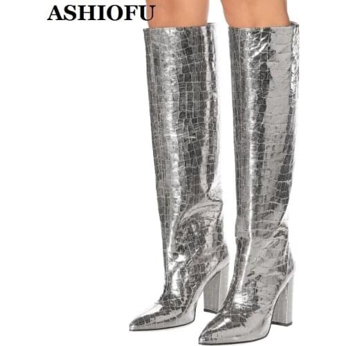 ASHIOFU New Classic Handmade Ladies Chunky Heel Boots Sexy Club Party Prom Knee High Boots Large Size Evening Fashion Boot Shoes