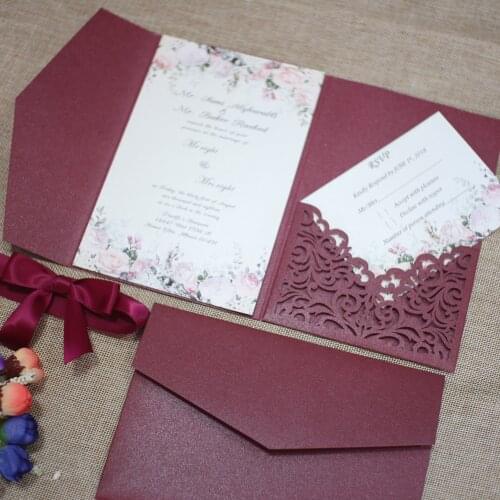 Free shipping 2pcs Vine tri fold wedding invitation cards with envelope ,insert, RSVP 3 fold laser cut pocket fold cards