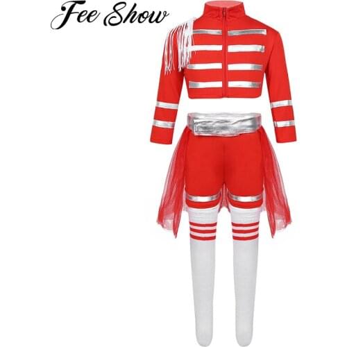Kids Girls Cheerleading Uniform Hip-hop Jazz Stage Dance Costume Long Sleeves Zipper Crop Top with Shorts Mesh Skirt Socks Set