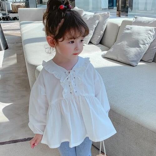 Children Shirt 2021 Spring V-neck Tie Girl Shirt Long-sleeved Shirt Kids Top Girls Wave Shirt Lotus Leaf Shirt Lantern Sleeve