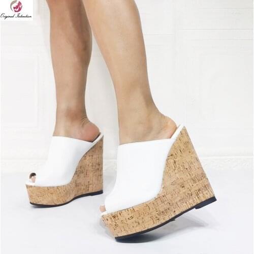 Elegant White PU Leather Wood Grain Slippers Women 2021 Fashion Peep Toe High Platform Wedge Sandals Summer Party Shoes Ladies