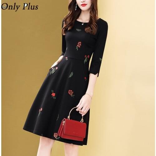 Only Plus Black Embroidery Party Dress Slim Fashion O-Neck Spring French Elegant Women OL Dresses A-Line 2021 New Design