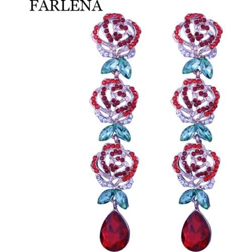 FARLENA Wedding Jewelry long Rose Flower Drop Earrings with Rhinestones Fashion Crystal Earrings for Women