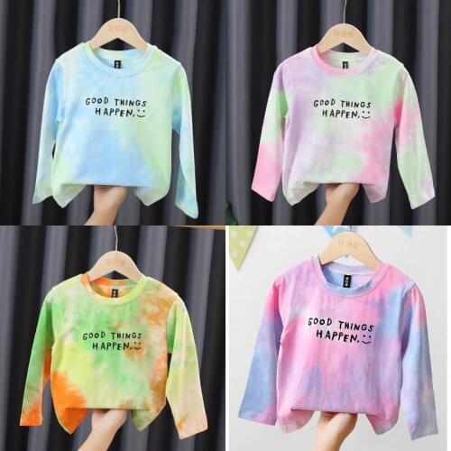 Girls' T-shirt 2021 Spring and Autumn New Rainbow Tie Dye Childrens T-shirt Childrens Long Sleeve Top Girls' Bottom Shirt
