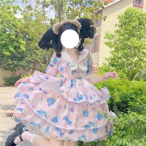 Japanese Summer Kawaii Soft Girls Dress Sailor Collar Bow Cartoon Little Bear Tutu Dresses Sweet Ruffled Lolita Cupcake Dress