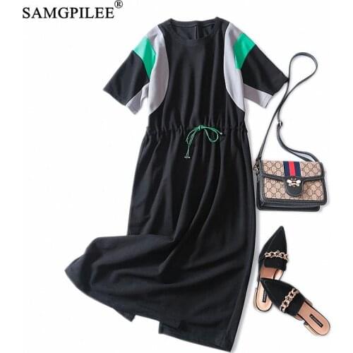 Dresses Summer 2020 Woman Office Lady A-line Patchwork Plus Size Women Sashes Mid-calf Batwing Sleeve Empire Dresses For Women