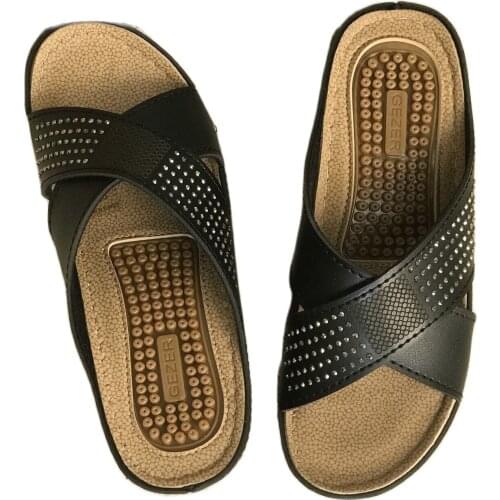 Massage Sole Cross Stone Detailed Black Mother Slipper Womens Buckled Daily Home Inside Gezer terlik