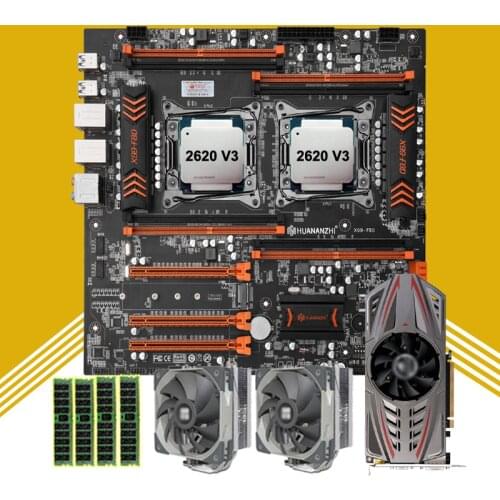 HUANANZHI X99-F8D Dual CPU Motherboard 2 CPU Xeon 2620 V3 with CPU Coolers 32G RAM DDR4 REG ECC GPU GTX750TI 2G Video Card DIY