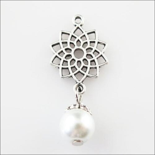 Fashion 15Pcs Tibetan Silver Color Lotus Flower White Glass Beads Charms Pendants 14x32mm