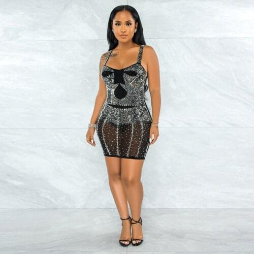 RMSFE 2021 Ladies Fashion Sexy Perspective Off Shoulder Hot Drill Suspender Slim Nightclub Dress