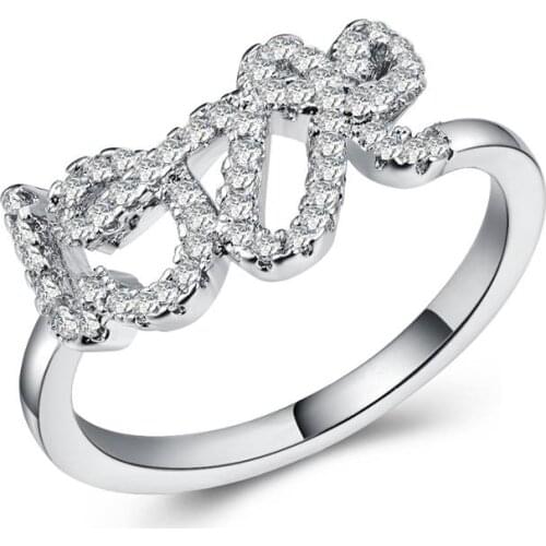 JK Fashion Letter Love Ring with White CZ Prong Setting Silver Plated Best Anniversary Gift Wedding Engagement Rings for Women