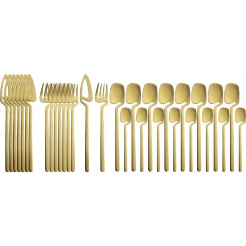 32Pcs/8Set Matte Gold Cutlery Set Knife Fork Spoon Tableware 304 Stainless Steel Dinnerware Bar Party Flatware Silverware Set